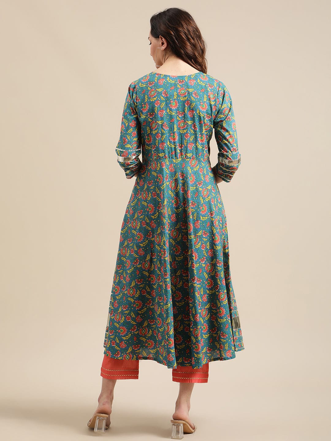 Women's Green And Pink Floral Printed Heavy Gota Emebellished Anarkali Kurta