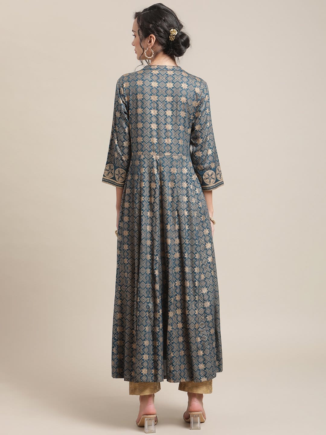 Women's Teal And Gold Printed Flared Anarakali Kurta