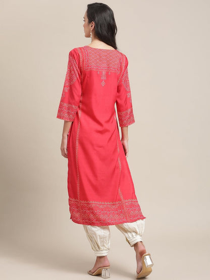 Women's Red And Mustard Printed Kurta With Gota Work On Yoke