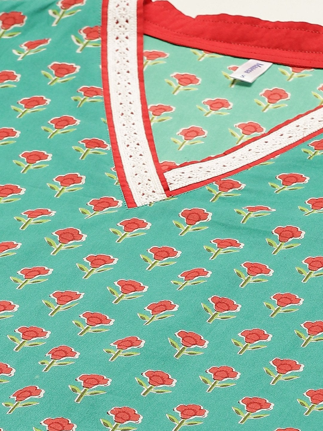 Women's Green & Red Ethnic Motifs Hand Printed Cotton Kurta with Trousers