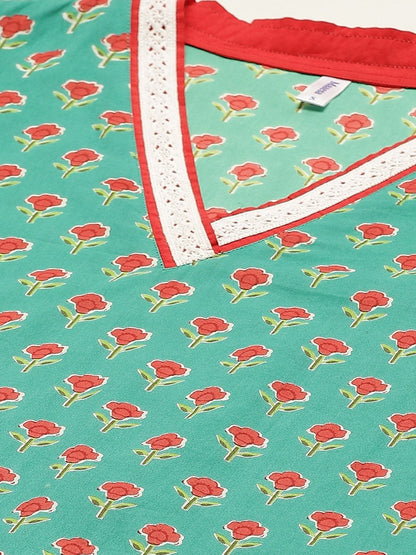 Women's Green & Red Ethnic Motifs Hand Printed Cotton Kurta with Trousers