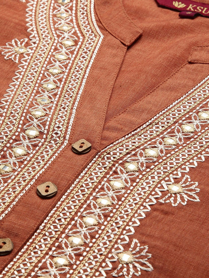 Women's KSUT Rust And Cream Mirror Work Embroidery Yoke Kurta With 3/4Th Sleeves