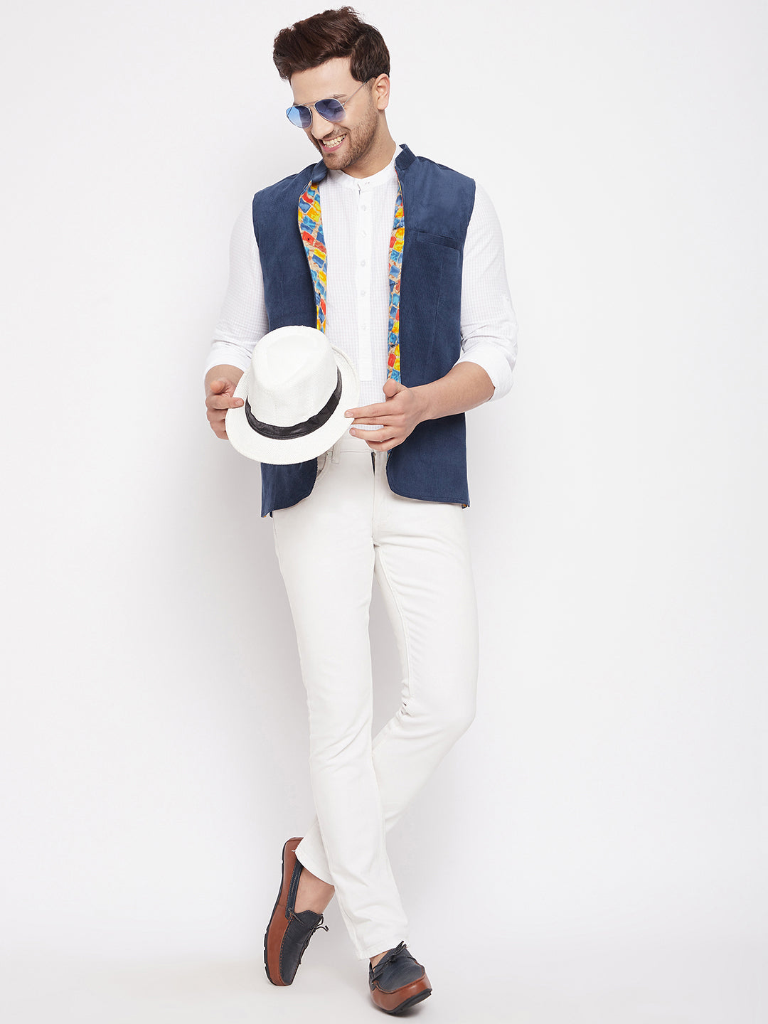 Men's Blue Color Nehru Jacket-Contrast Lining-Inbuilt Pocket Square