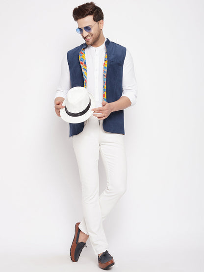 Men's Blue Color Nehru Jacket-Contrast Lining-Inbuilt Pocket Square