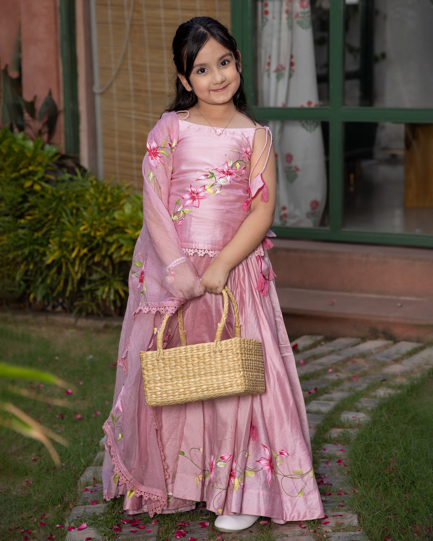 Girl's Koko Powder Pink Handpainted Chanderi Lehenga Set