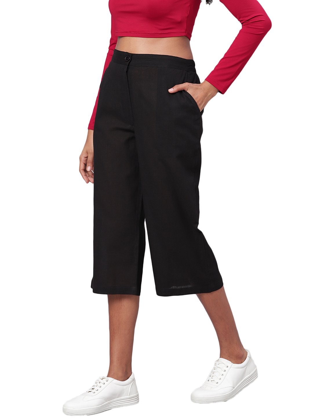 Women's Black Solid Cotton Trouser