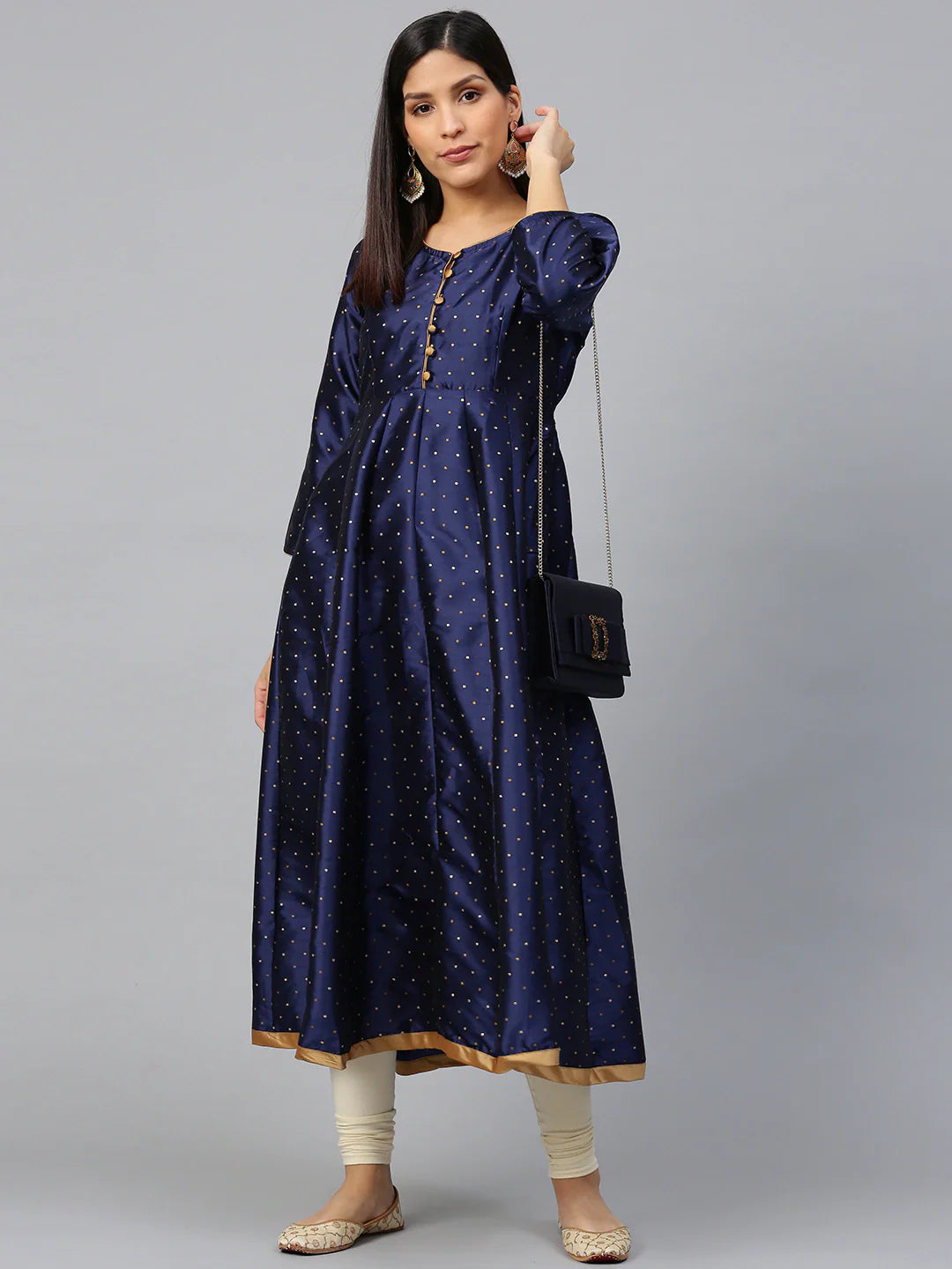 Women's Navy Blue And Golden Woven Design Anarkali Kurta,