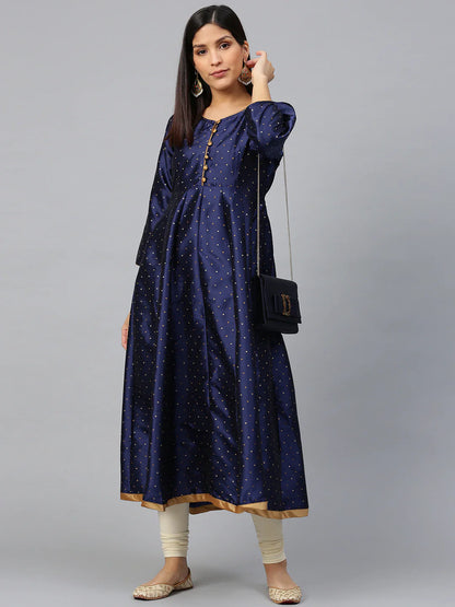 Women's Navy Blue And Golden Woven Design Anarkali Kurta,