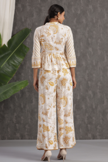 Women's Mustard Rayon Printed Peplum Top Palazzo Set
