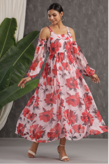 Women's Light Pink Chiffon Printed Flared Dress