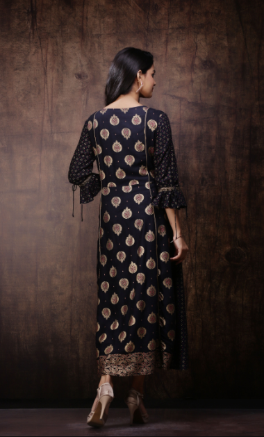 Women's Black Rayon Printed Jacket Style Kurta Dress1