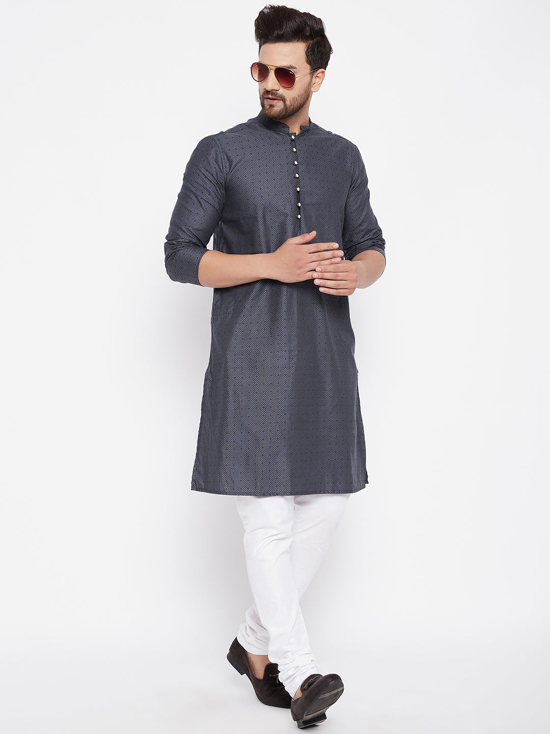 Men's Woven Design Blue Straight Kurta2