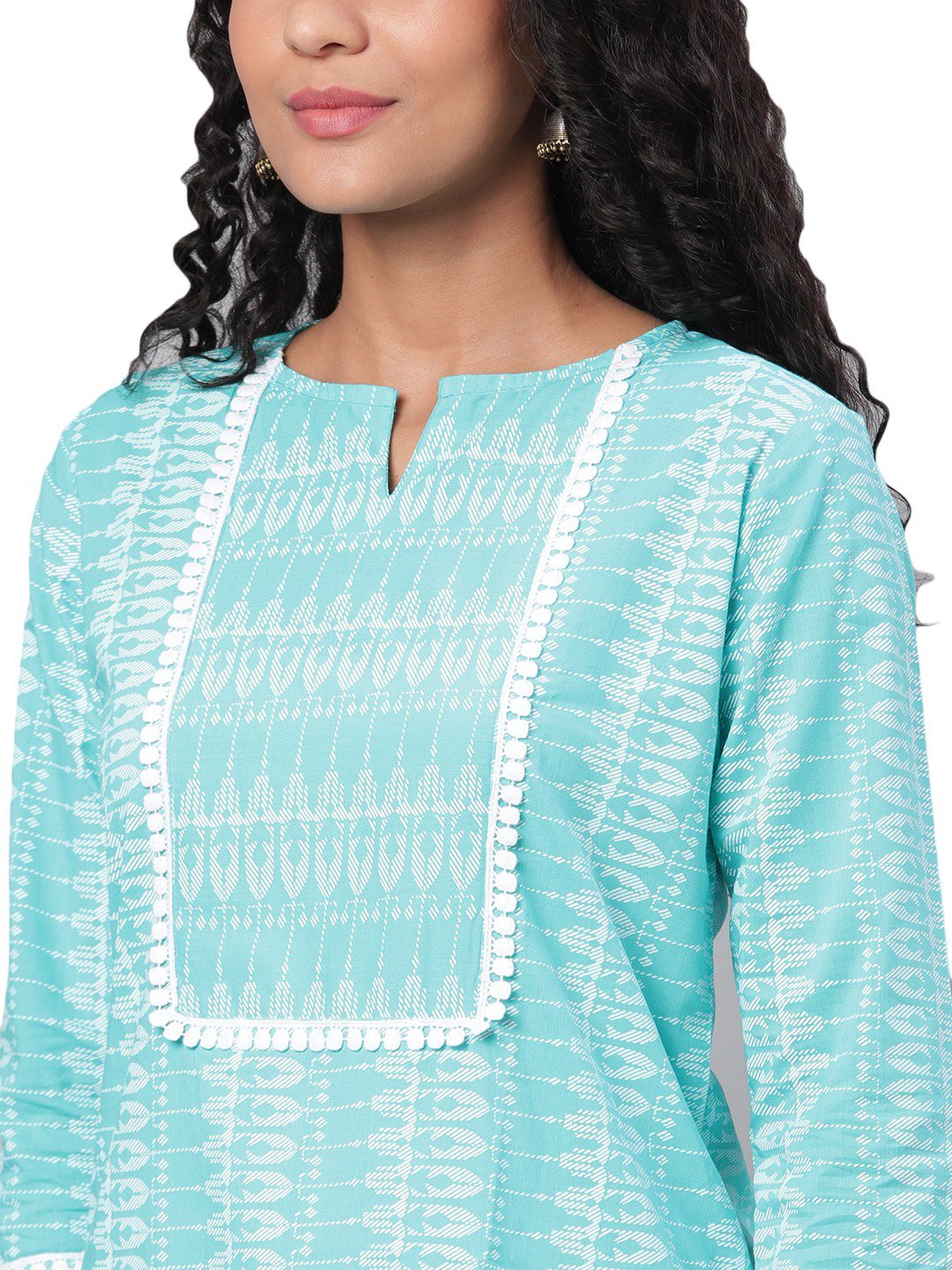 Women's Blue Printed 3/4 Sleeve Cotton Slub Maidran Coller Casual Kurta & Sharara Set