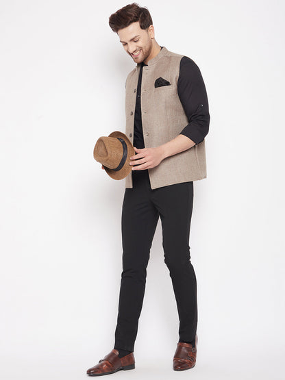 Men's Beige Color Woven Nehru Jacket