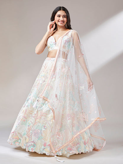 Women 's Cream Net Sequinse Work Ready to Wear Lehenga & stitched Blouse with Dupatta