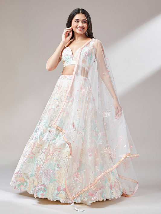Women 's Cream Net Sequinse Work Ready to Wear Lehenga & stitched Blouse with Dupatta