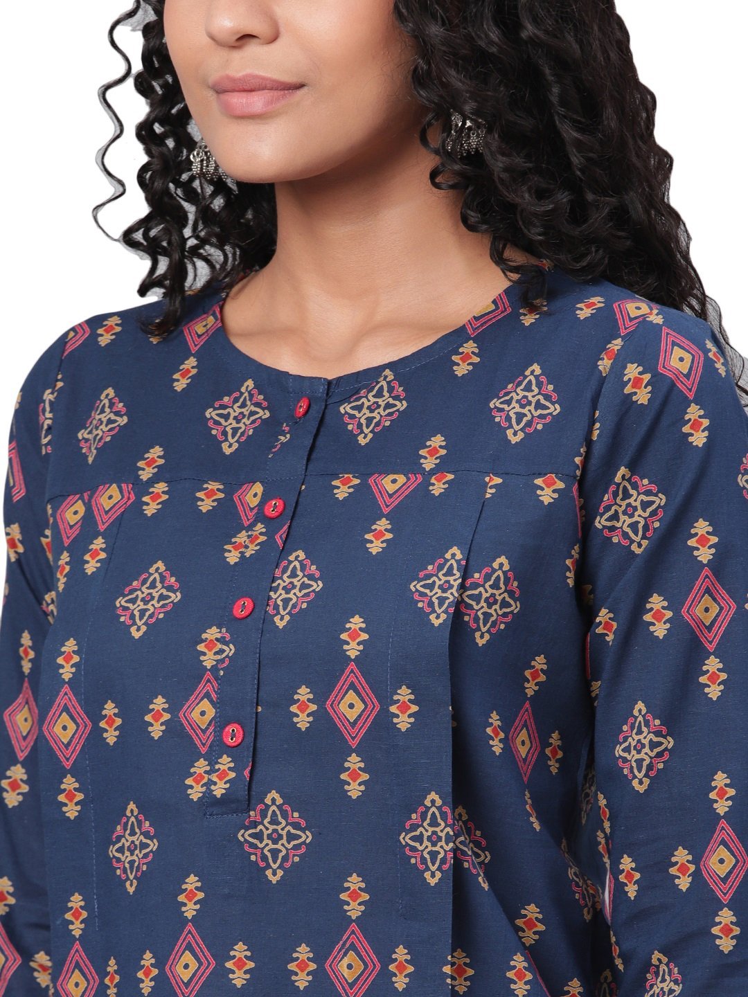 Women Navy Blue Printed Cotton Top by Myshka