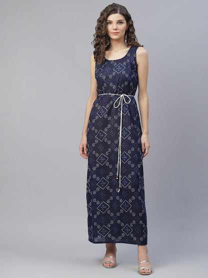 Women's Navy Blue Bandhani Print Maxi Dress