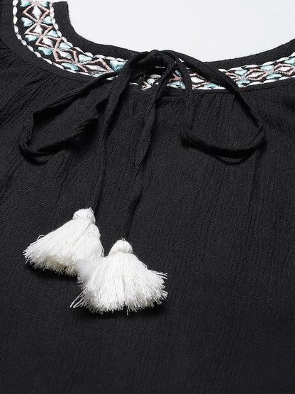 Women's Black Rayon Crepe Embroided Top (1pc)