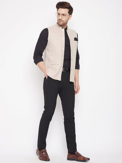 Men's Cream Color Woven Nehru Jacket