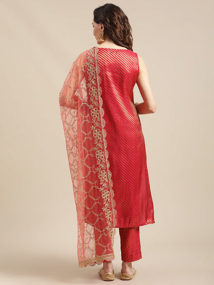 Women's Red And Gold Brocade Gota Embellished Striped Kurta Set With Gota Work Net Dupatta