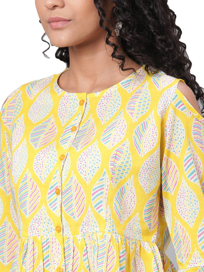 Women's Yellow Printed 3/4 Sleeve Round Neck Cotton Casual Top