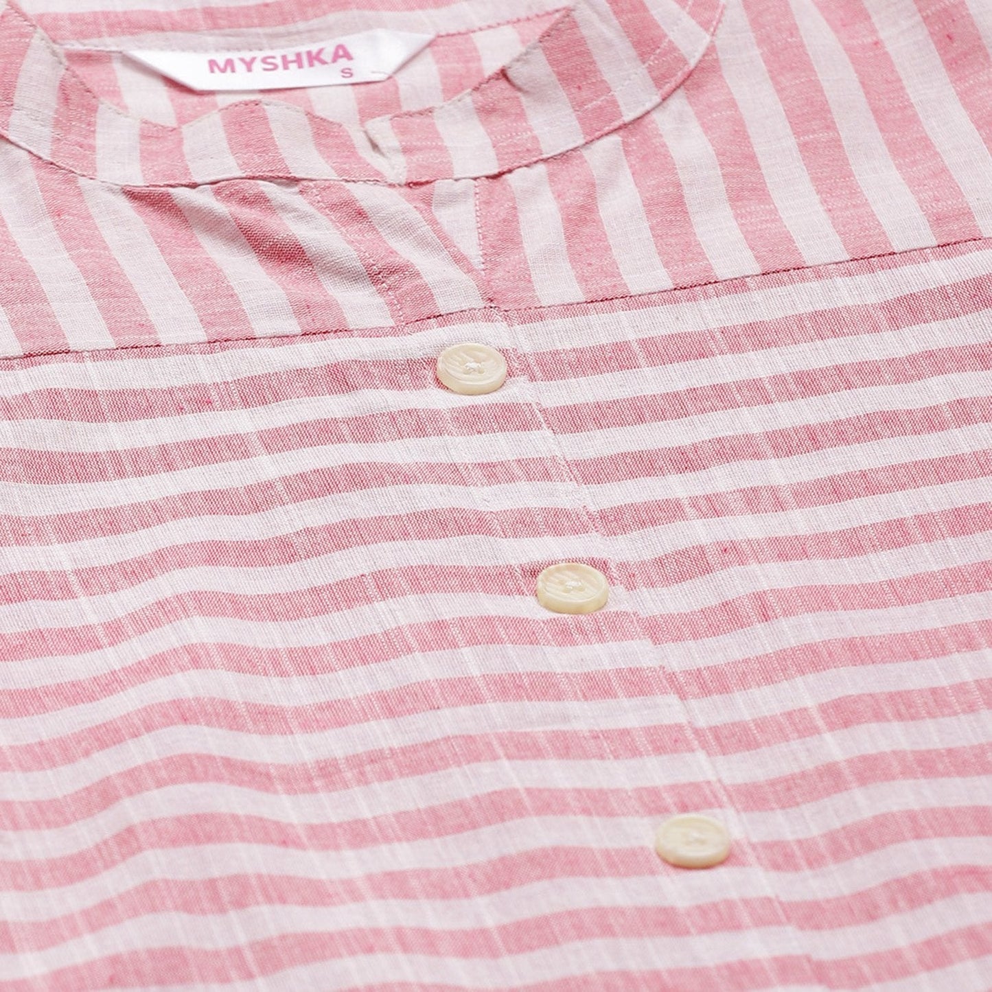 Women's Pink Cotton Check 3/4 Sleeve Mandrin Neck Casual Kurta Only