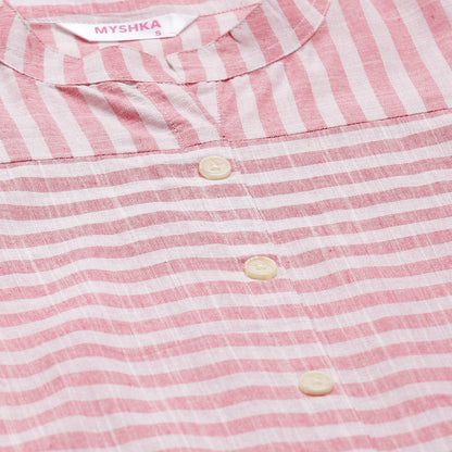 Women's Pink Cotton Check 3/4 Sleeve Mandrin Neck Casual Kurta Only