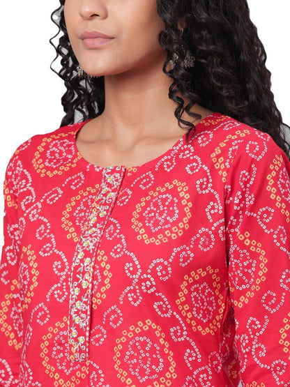 Women Red Printed Cotton Kurta & Pant Set by Myshka (