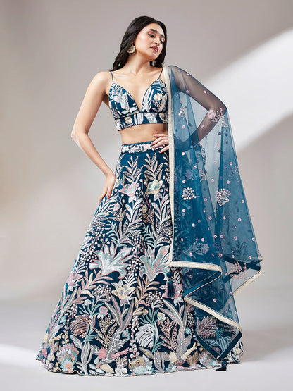 Women 's Navy blue Net Sequinse Work Ready to Wear Lehenga & stitched Blouse with Dupatta