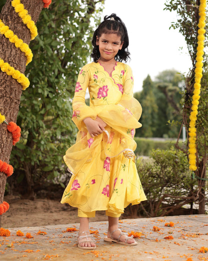 Girl's Buttercup Yellow Muslin Silk Handpainted Suit Set