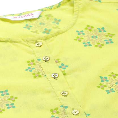 Women's Yellow Cotton Printed 3/4 Sleeve Round Neck Casual Kurta Pant Set