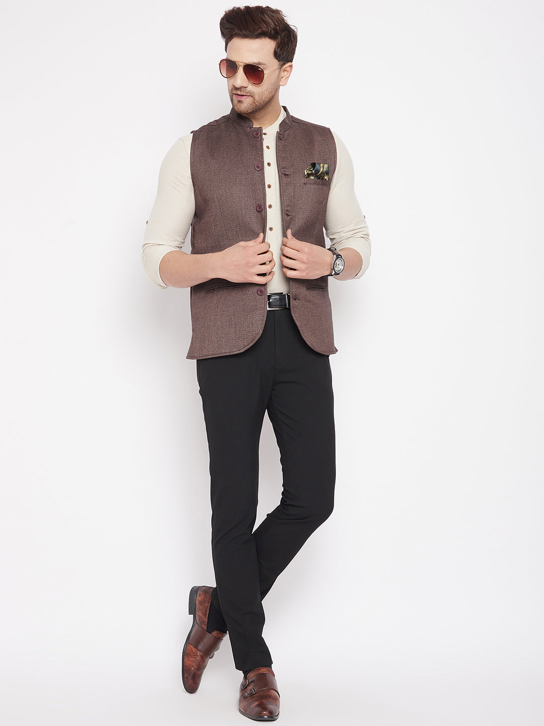 Men's Brown Color Woven Nehru Jacket