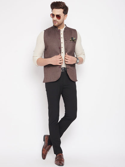 Men's Brown Color Woven Nehru Jacket
