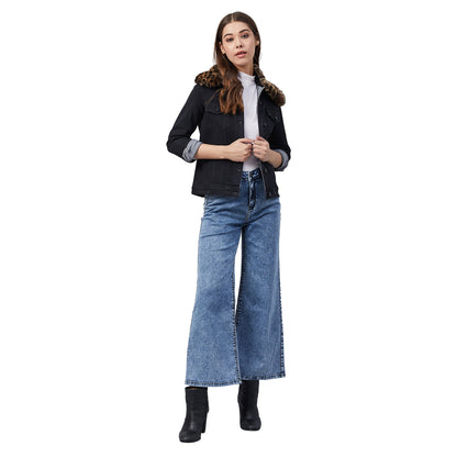 Women's Black Denim Jacket with Detachable Animal Fur Collar