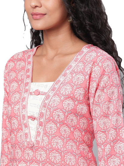 Women's Pink Printed 3/4 Sleeve Cotton Square Neck Kurta Pant & Dupatta Set