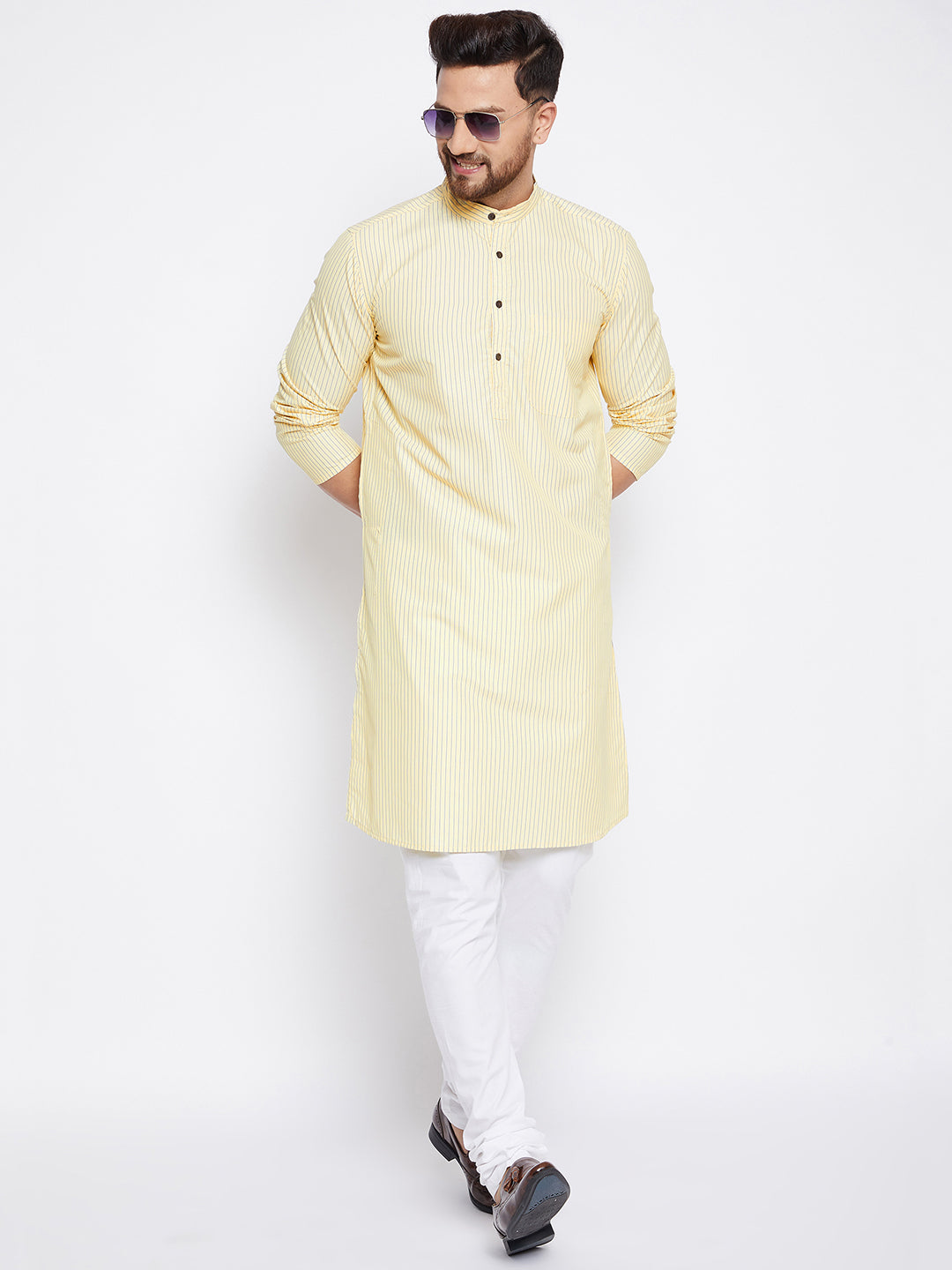 Men's Cotton Striped Yellow Kurta