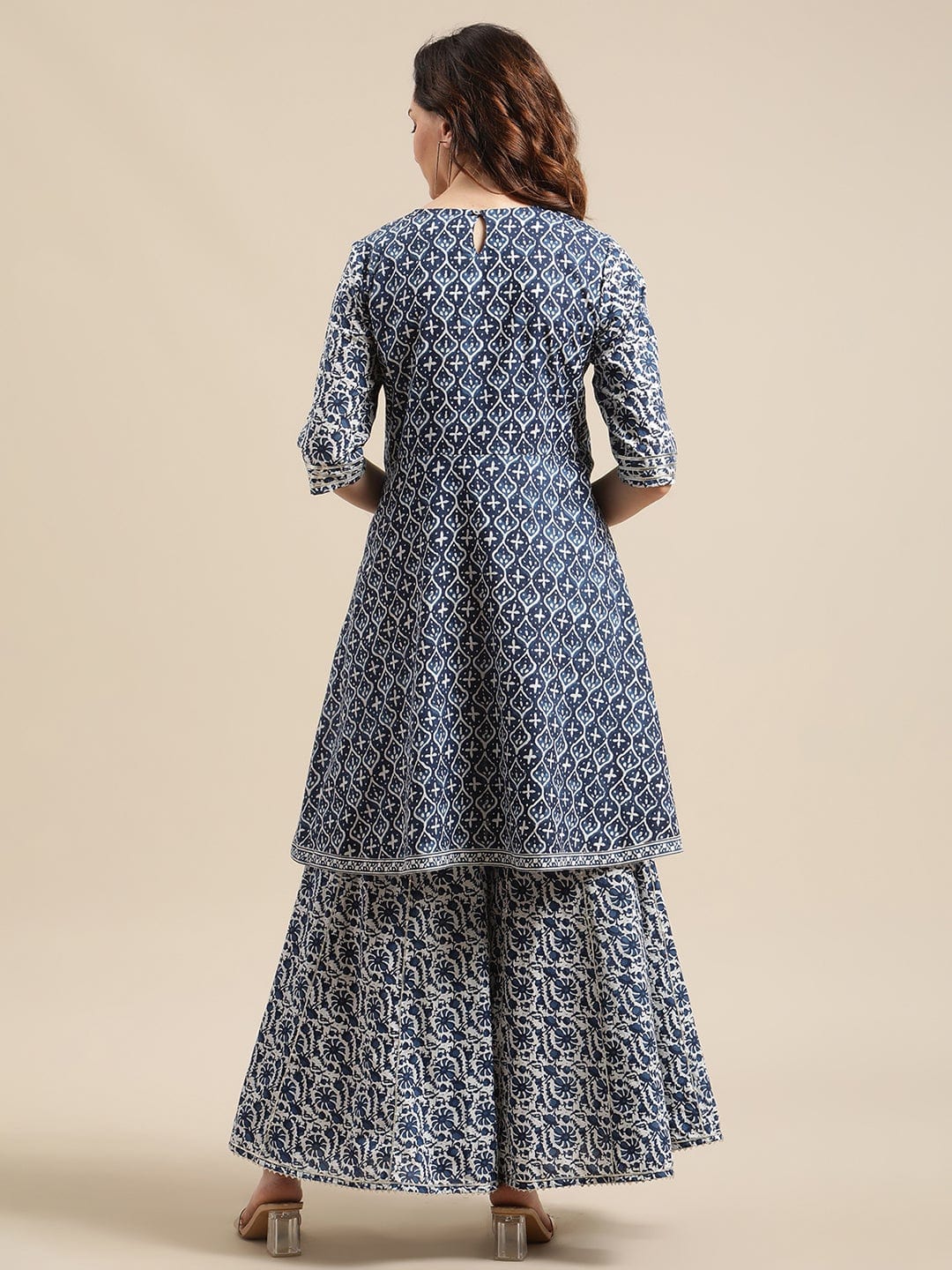 Women's Indigo And White Floral Printed Flared Kurta Sharara Set