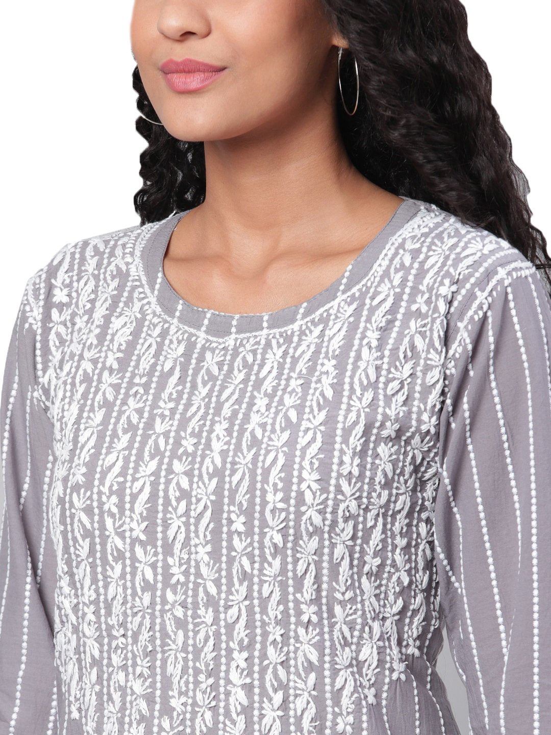 Women's Grey Embroidrey 3/4 Sleeve Cotton Round Neck Casual Kurta Only