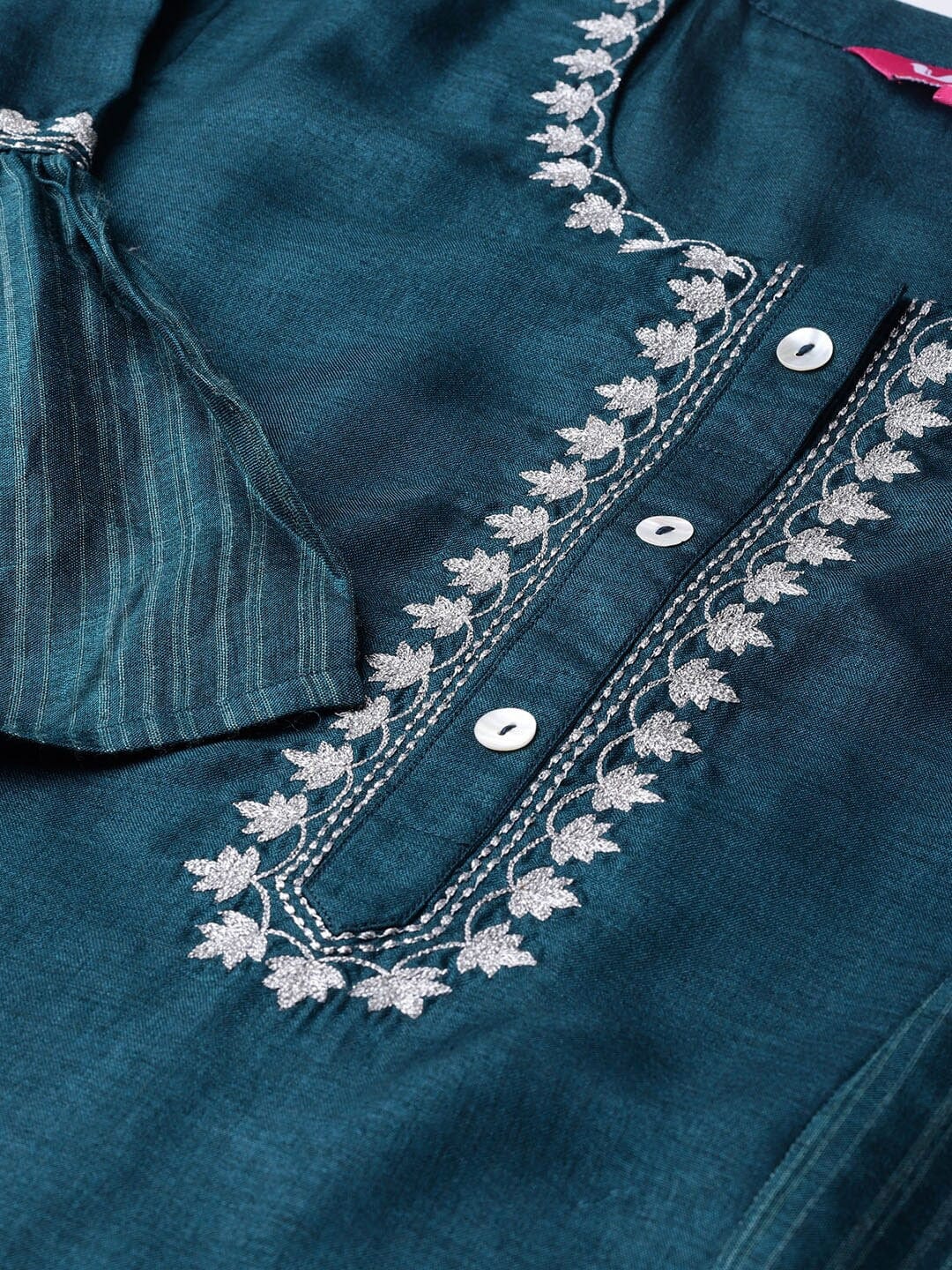 Women's Teal Embroidered Straight Kurta with Palazzos