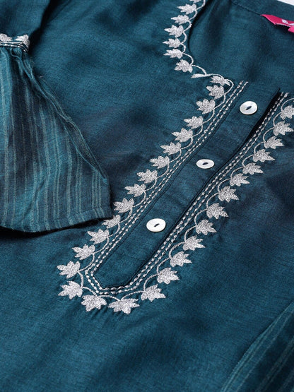 Women's Teal Embroidered Straight Kurta with Palazzos