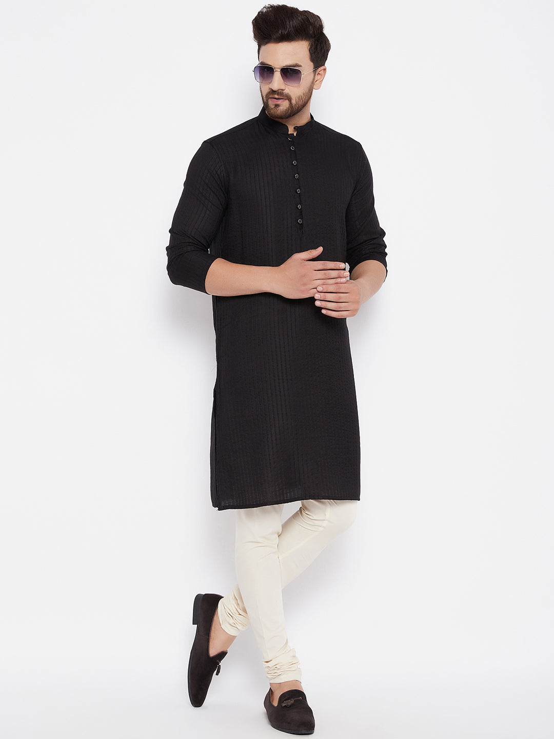 Men's Woven Design Black Straight Kurta