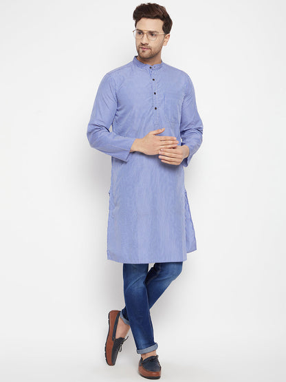 Men's Blue Color Long Kurta with Band Collar