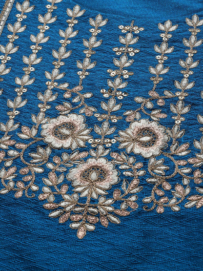 Women's Blue & Golden Embroidered Jacquard Kurta with Trousers