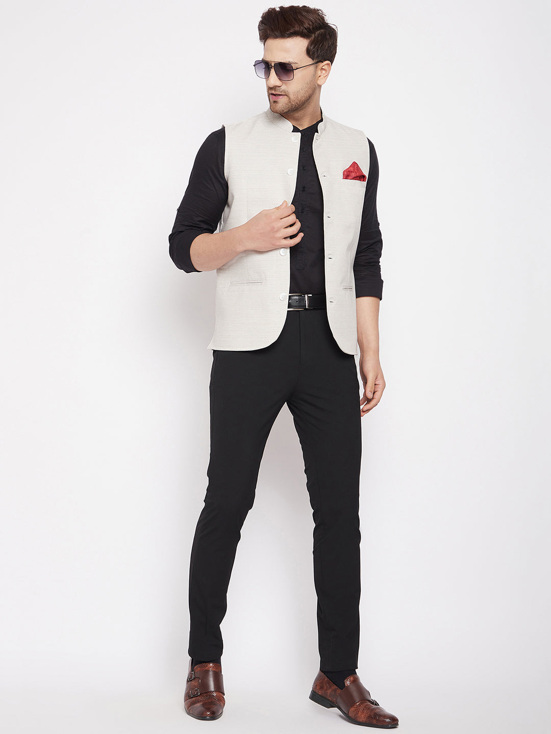 Men's Cream Color Woven Nehru Jacket