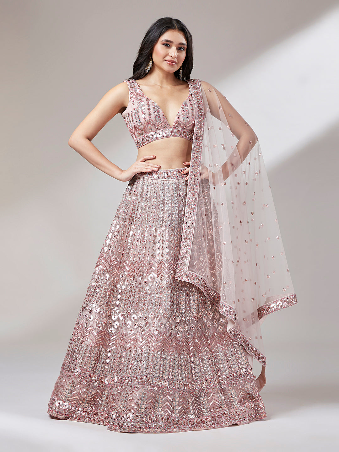 Women 's Rose Gold Net Mirror & Sequinse embroidery Ready to Wear Lehenga choli & Dupatta