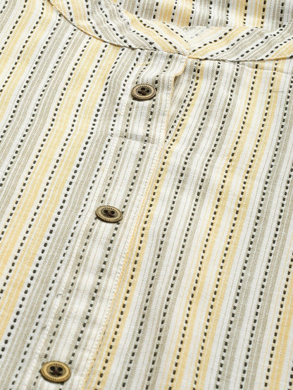 Women's KSUT Off White And Yellow Stripe Woven Kurta