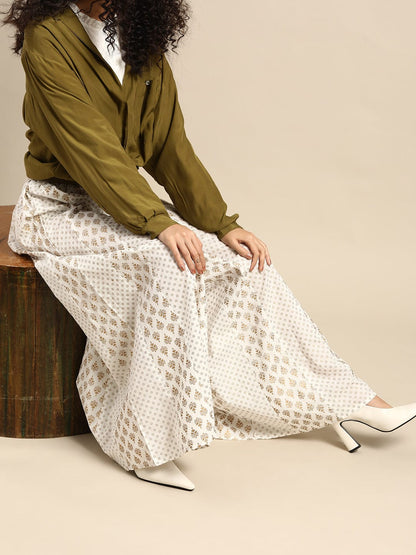 Women's White & Golden Printed Flared Palazzos