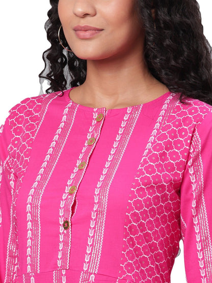 Women's Pink Printed 3/4 Sleeve Cotton Round Neck Dress