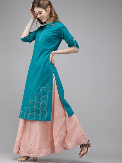 Women's Rama Green Embroidered Kurta